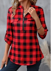 Red Zipper Plaid Long Sleeve High Neck Blouse | thumb picture 