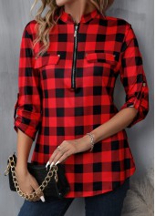Red Zipper Plaid Long Sleeve High Neck Blouse | thumb picture 