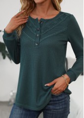 Blackish Green Patchwork Long Sleeve Scoop Neck T Shirt
