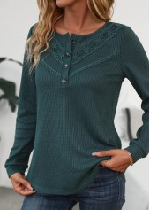 Blackish Green Patchwork Long Sleeve Scoop Neck T Shirt | thumb picture 