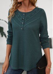 Blackish Green Patchwork Long Sleeve Scoop Neck T Shirt | thumb picture 