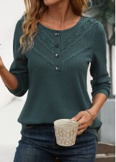 Blackish Green Patchwork Long Sleeve Scoop Neck T Shirt | thumb picture 