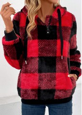 Red Pocket Plaid Long Sleeve Hooded Sweatshirt | thumb picture 
