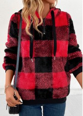 Red Pocket Plaid Long Sleeve Hooded Sweatshirt | thumb picture 