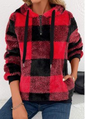 Red Pocket Plaid Long Sleeve Hooded Sweatshirt | thumb picture 
