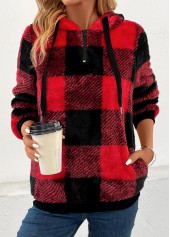 Red Pocket Plaid Long Sleeve Hooded Sweatshirt