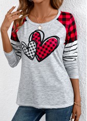 Grey Patchwork Plaid Long Sleeve Round Neck T Shirt