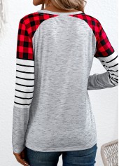 Grey Patchwork Plaid Long Sleeve Round Neck T Shirt | thumb picture 