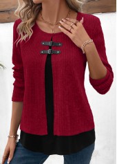 Wine Red Long Sleeve Fake Two Piece Twinset