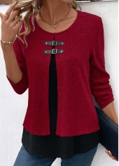 Wine Red Long Sleeve Fake Two Piece Twinset | thumb picture 