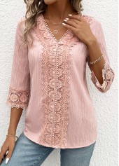 Light Pink Lace 3/4 Sleeve V Neck Blouse