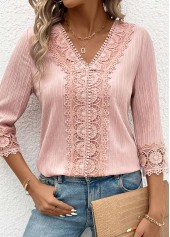 Light Pink Lace 3/4 Sleeve V Neck Blouse