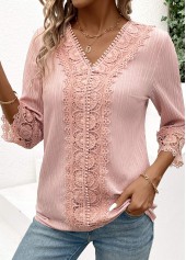 Light Pink Lace 3/4 Sleeve V Neck Blouse