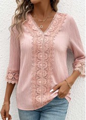 Light Pink Lace 3/4 Sleeve V Neck Blouse