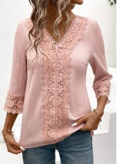 Light Pink Lace 3/4 Sleeve V Neck Blouse