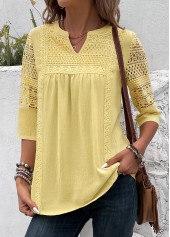 Light Yellow Patchwork 3/4 Sleeve Split Neck Blouse