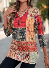 Multi Color Patchwork Tribal Print V Neck T Shirt
