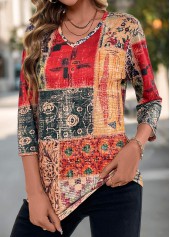 Multi Color Patchwork Tribal Print V Neck T Shirt