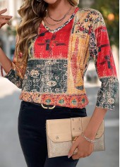 Multi Color Patchwork Tribal Print V Neck T Shirt