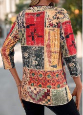 Multi Color Patchwork Tribal Print V Neck T Shirt