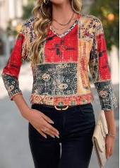 Multi Color Patchwork Tribal Print V Neck T Shirt