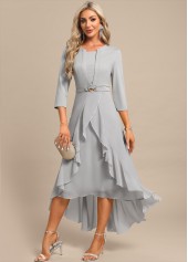 Light Grey Fake 2in1 High Low Split Neck Dress