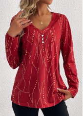 Plus Size Wine Red Button Geometric Print T Shirt | thumb picture 