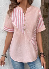 Pink Patchwork Striped Short Sleeve Split Neck Blouse | thumb picture 