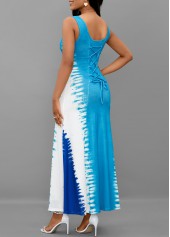Light Blue Lace Up Tie Dye Print Maxi Dress