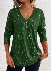 Green Button Geometric Print Long Sleeve T Shirt