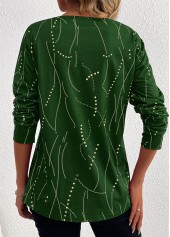 Green Button Geometric Print Long Sleeve T Shirt
