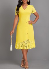 Light Yellow Lace Short Sleeve V Neck Dress