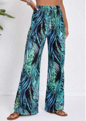 Turquoise Drawstring Tropical Plants Print Elastic Waist Pants | thumb picture 