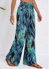 Turquoise Drawstring Tropical Plants Print Elastic Waist Pants | thumb picture 