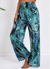 Turquoise Drawstring Tropical Plants Print Elastic Waist Pants | thumb picture 