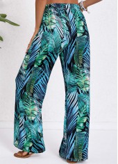 Turquoise Drawstring Tropical Plants Print Elastic Waist Pants | thumb picture 