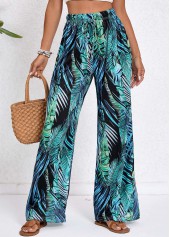 Turquoise Drawstring Tropical Plants Print Elastic Waist Pants