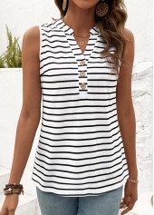 White Button Striped Split Neck Tank Top