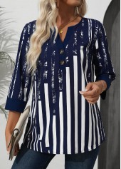 Navy Patchwork Striped 3/4 Sleeve Split Neck Blouse | thumb picture 