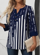Navy Patchwork Striped 3/4 Sleeve Split Neck Blouse | thumb picture 