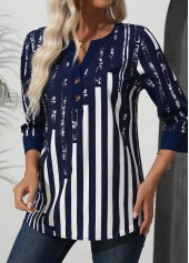 Navy Patchwork Striped 3/4 Sleeve Split Neck Blouse | thumb picture 