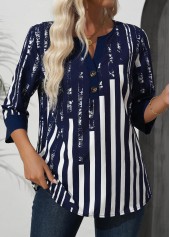 Navy Patchwork Striped 3/4 Sleeve Split Neck Blouse | thumb picture 