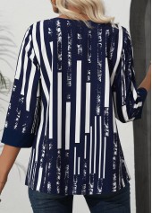Navy Patchwork Striped 3/4 Sleeve Split Neck Blouse | thumb picture 
