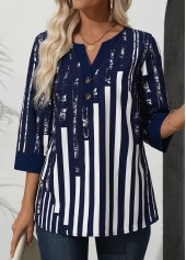 Navy Patchwork Striped 3/4 Sleeve Split Neck Blouse
