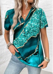 Turquoise Button Marble Print Short Sleeve T Shirt