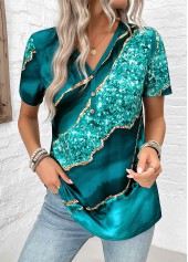 Turquoise Button Marble Print Short Sleeve T Shirt | thumb picture 