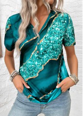 Turquoise Button Marble Print Short Sleeve T Shirt | thumb picture 