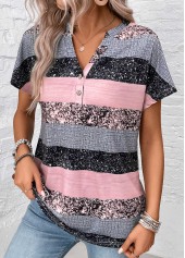 Grey Button Striped Short Sleeve Split Neck Blouse
