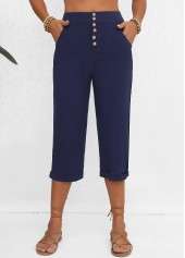 Navy Button Elastic Waist High Waisted Pants | thumb picture 