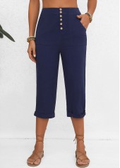 Navy Button Elastic Waist High Waisted Pants